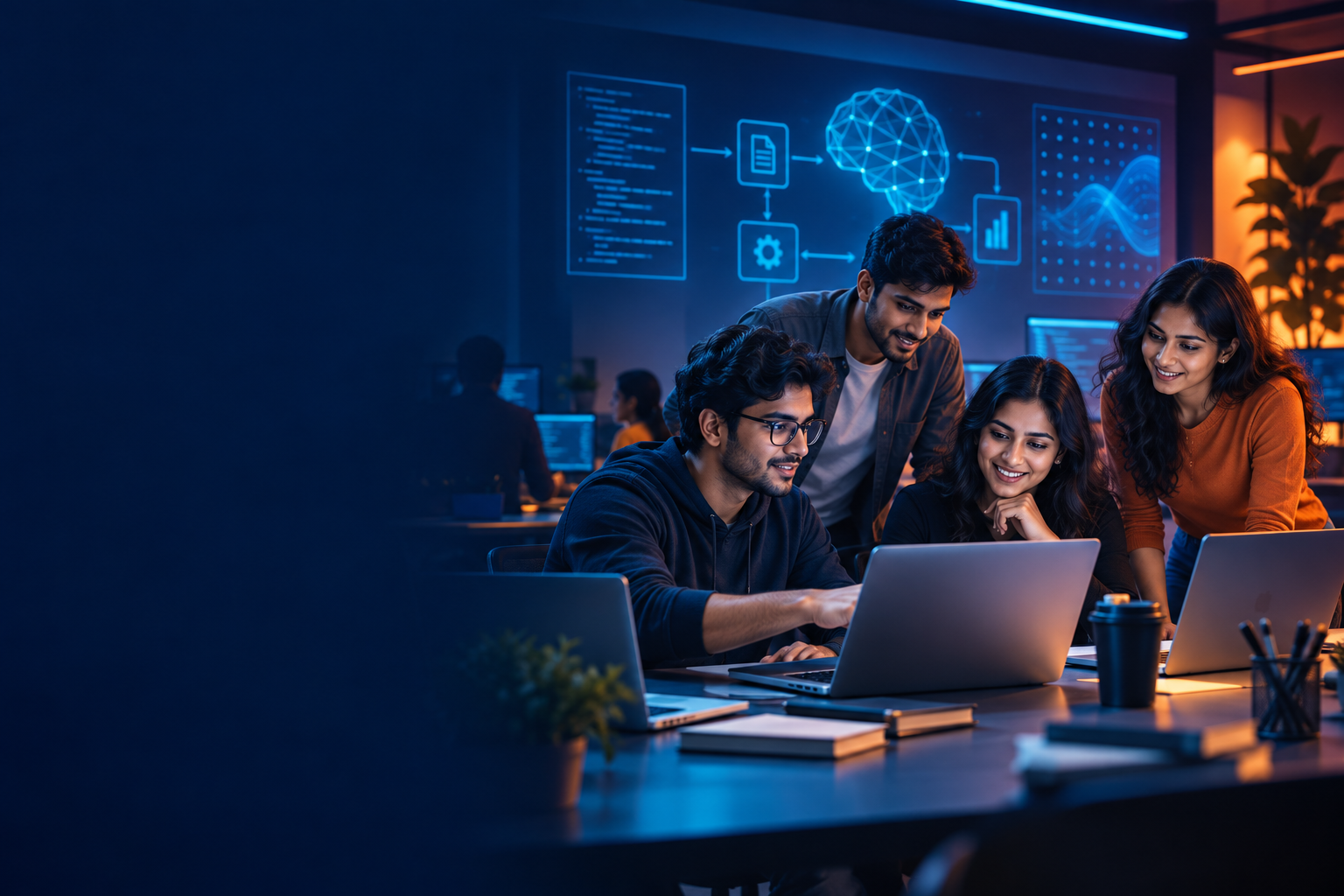 Young Indian developers collaborating in an AI workshop